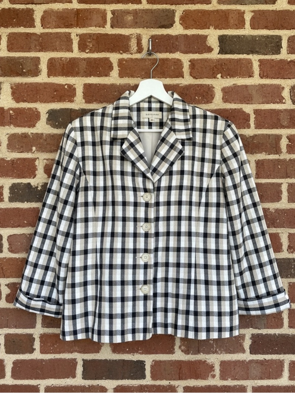 Dressbarn Brown Black White Plaid Button Front Cuffed Sleeve Blazer Size L